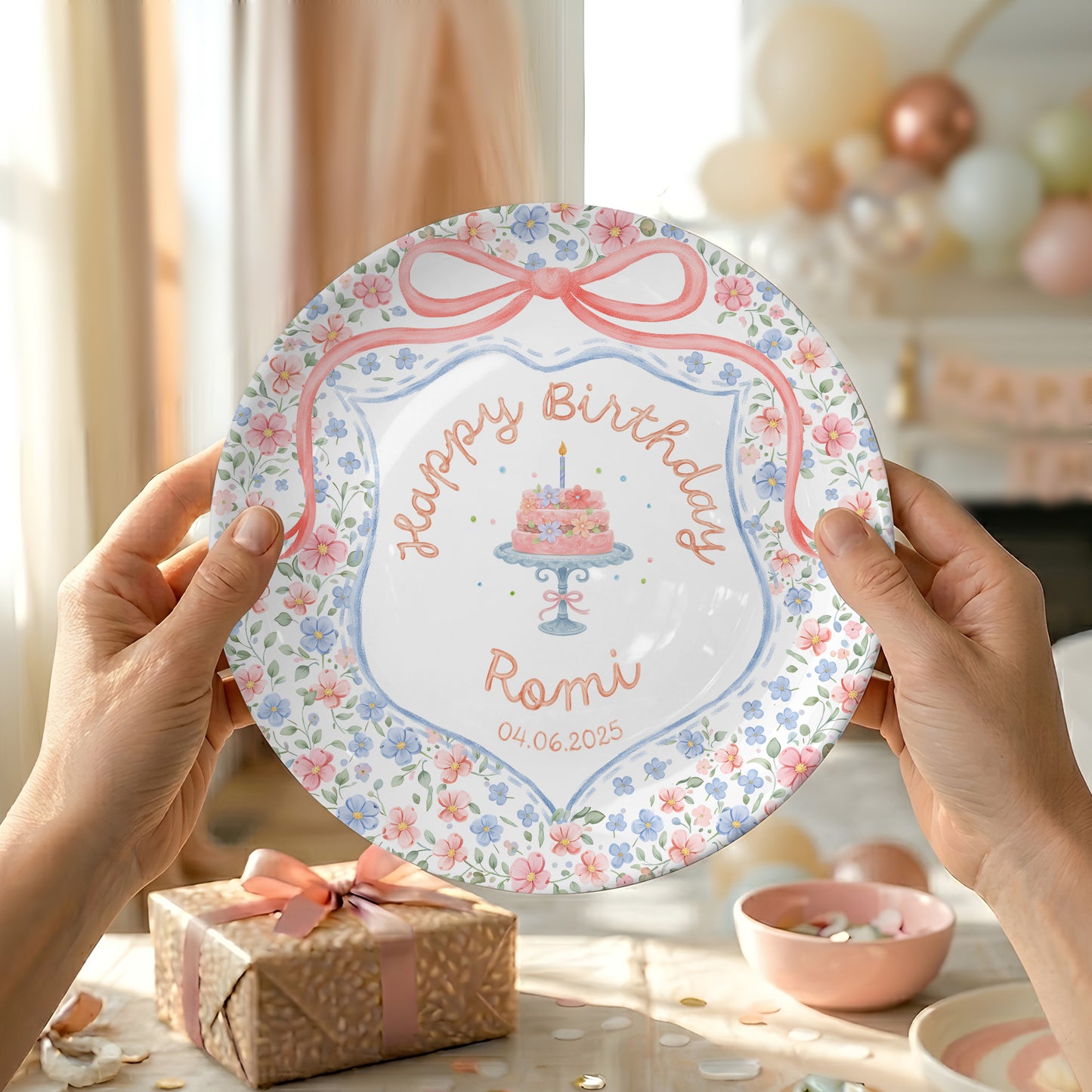 Pastel Floral Bow Cake Personalized Birthday Plate for Kids P317AIP0