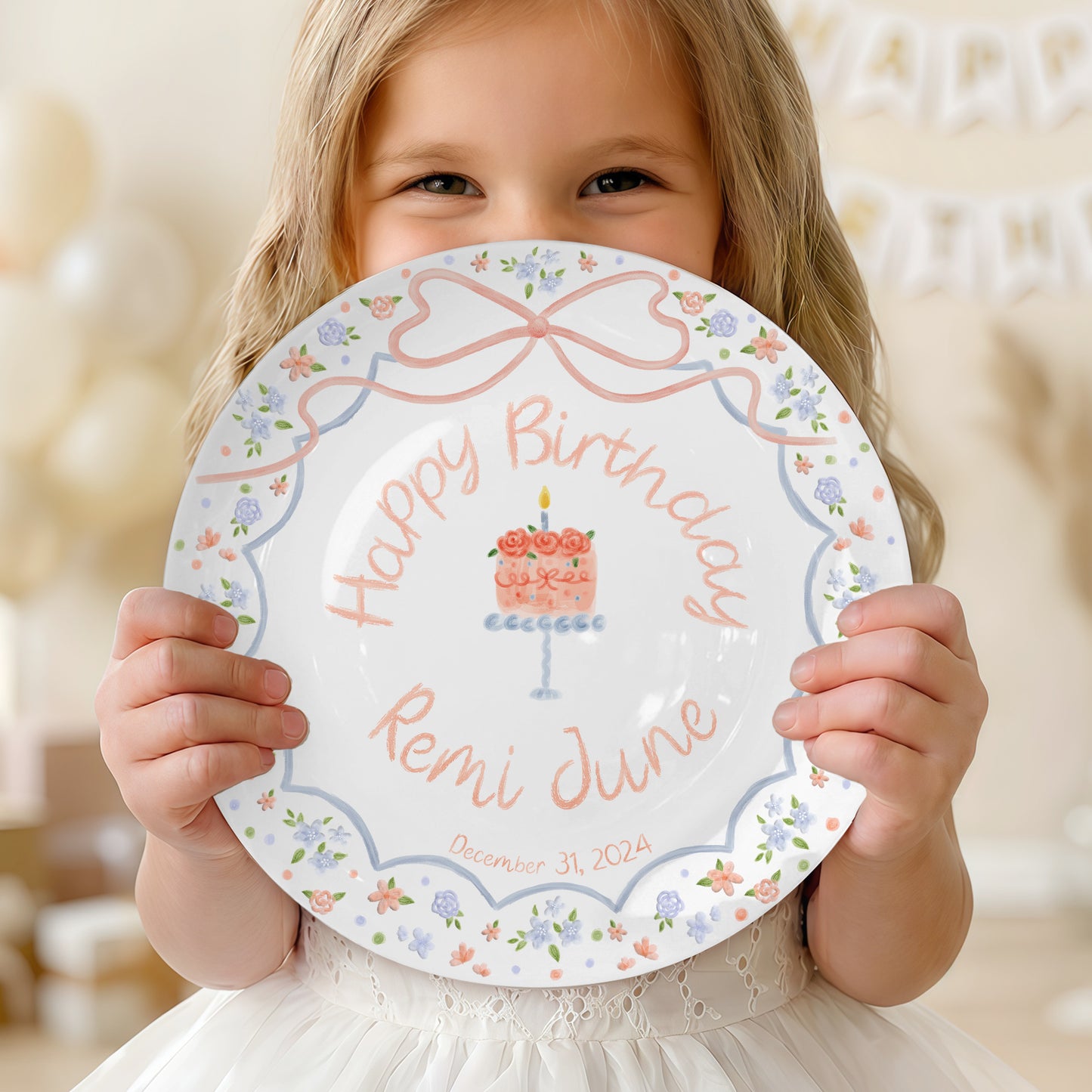 Pastel Floral Bow Cake Personalized Birthday Plate P46E040