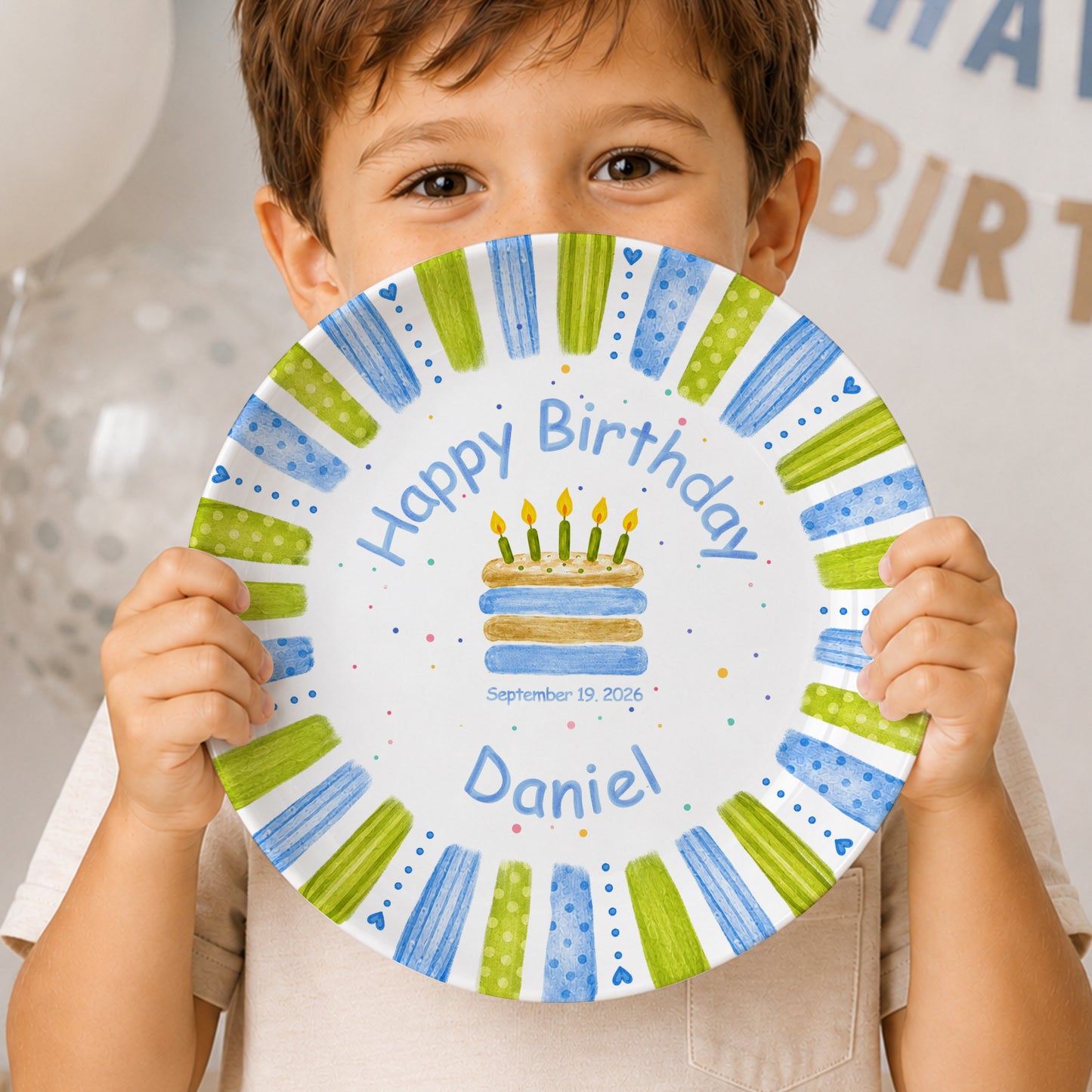 Blue Green Stripe Cake Personalized Birthday Plate P66M130
