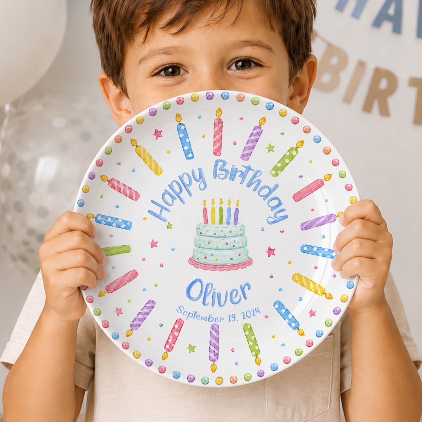 Rainbow Candle Confetti Cake Personalized Birthday Plate P617UUI0