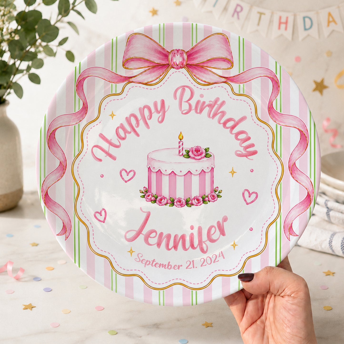 Pink Bow Personalized Birthday Plate for Girls, Custom Birthday Keepsake Gift P730PBN0