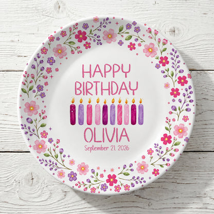 Floral Birthday Candles Personalized Birthday Plate for Girls D625JGX0