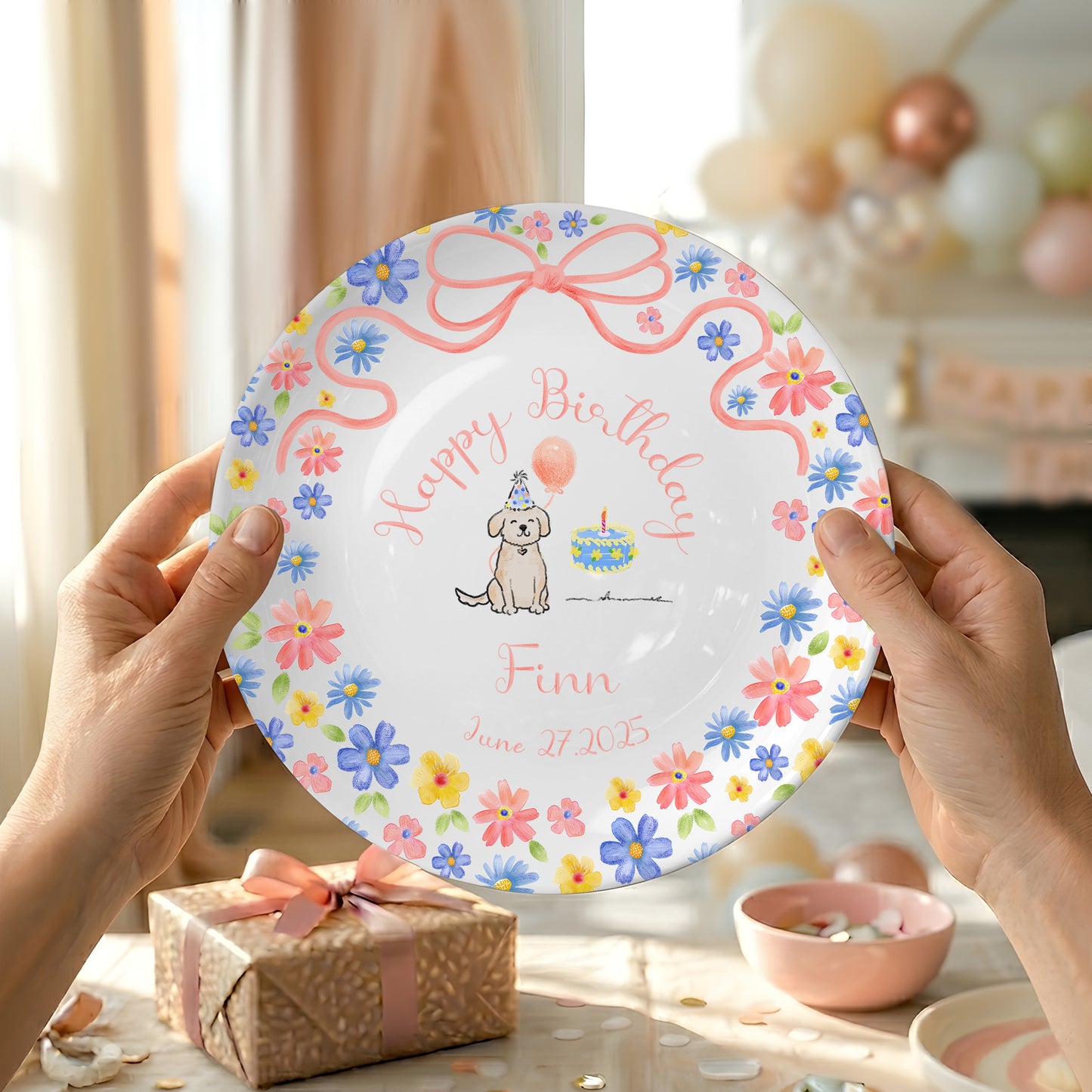 Pink Bow with Pastel Floral Border and Birthday Puppy Personalized Birthday Plate P522HZQ0