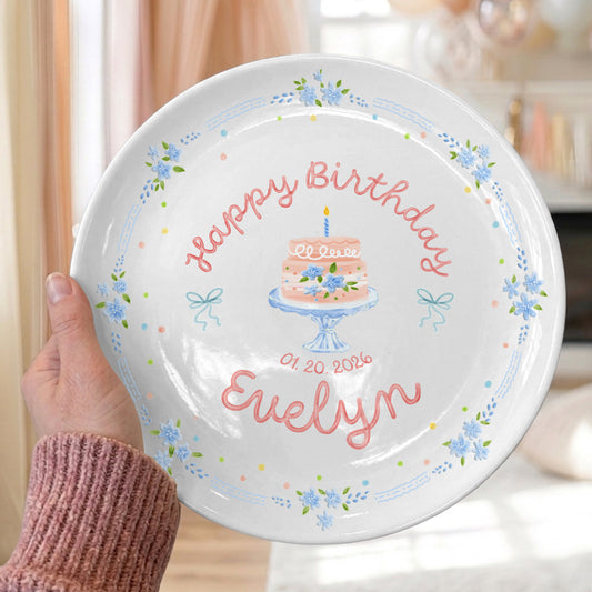 Blue Floral Border with Cake Stand Birthday Cake Personalized Birthday Plate P41CO80