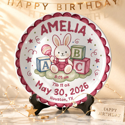 Cute Bunny Birth Stats Keepsake Personalized Birthday Plate for Baby P626ZVPTTb