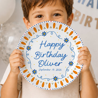 Orange Sunburst Border with Blue Flowers Personalized Birthday Plate P626HW0