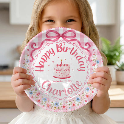 Pink Gingham Floral Bow Cake Personalized Birthday Plate for Girls P520UDC0