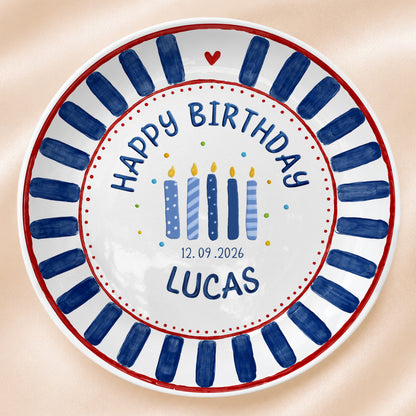 Blue Striped Birthday Candles Personalized Birthday Plate P626KF7TT