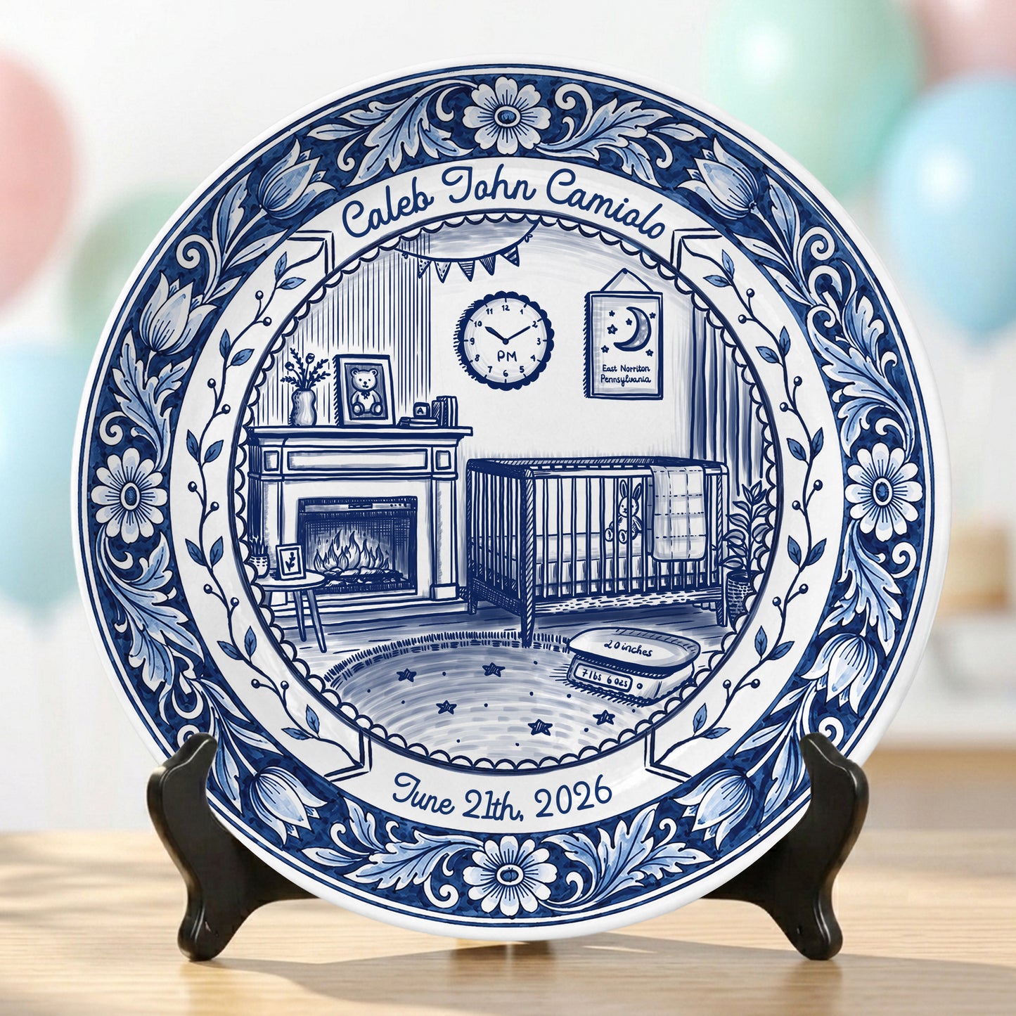 Delft Blue Newborn Birth Stats Custom Keepsake Personalized Birthday Plate P820UMN0