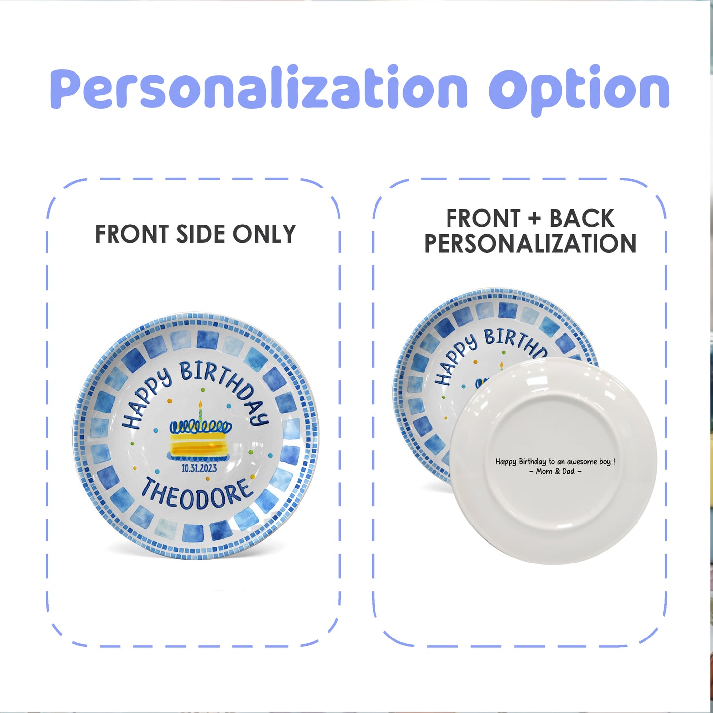 Blue Tile Border Cake Personalized Birthday Plate P228QZD0