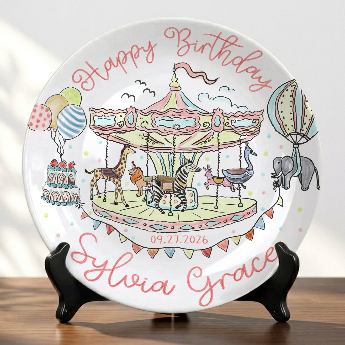 Carousel Animal Personalized Birthday Plate for Kids Custom Ceramic Keepsake P810QSG0