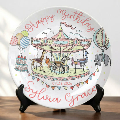 Carousel Animal Personalized Birthday Plate for Kids Custom Ceramic Keepsake P810QSG0