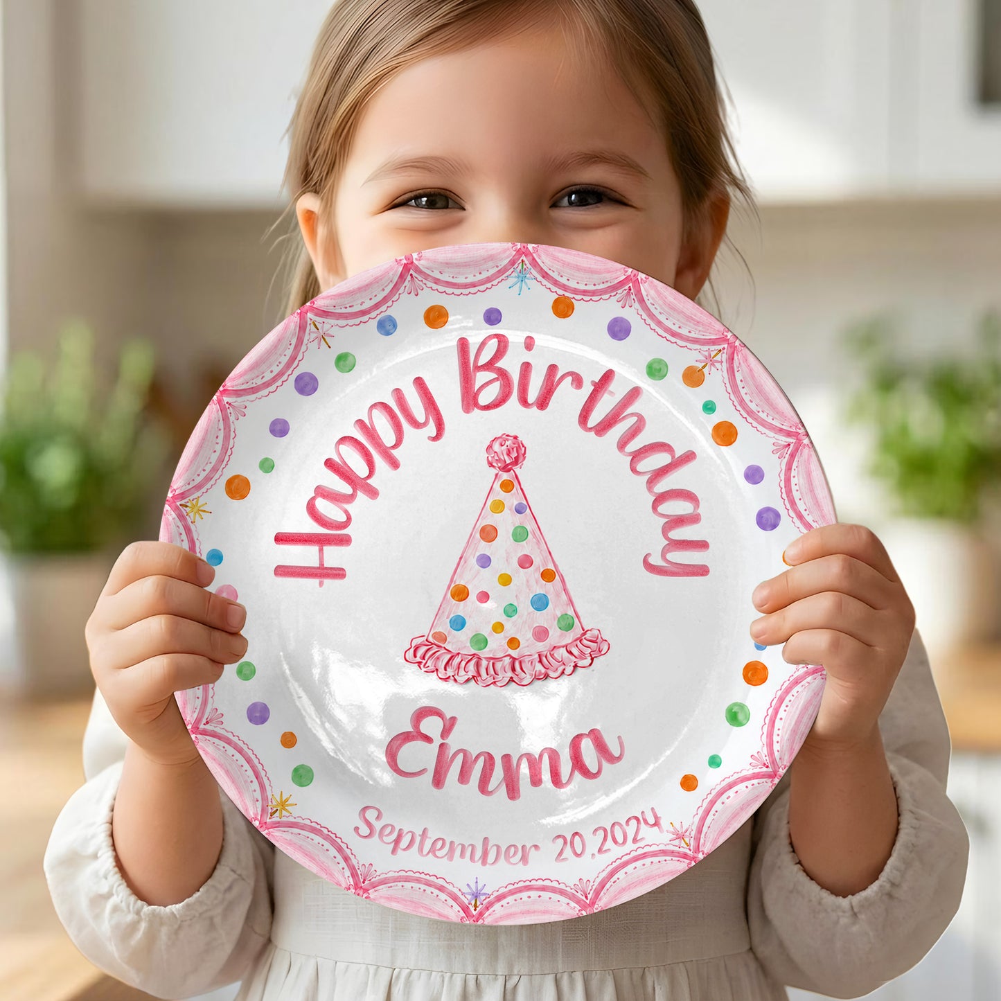 Pink Scallop Border with Colorful Polka Dot & Party Hat Personalized Birthday Plate P5653B0