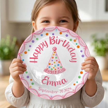 Pink Scallop Border with Colorful Polka Dot & Party Hat Personalized Birthday Plate P5653B0