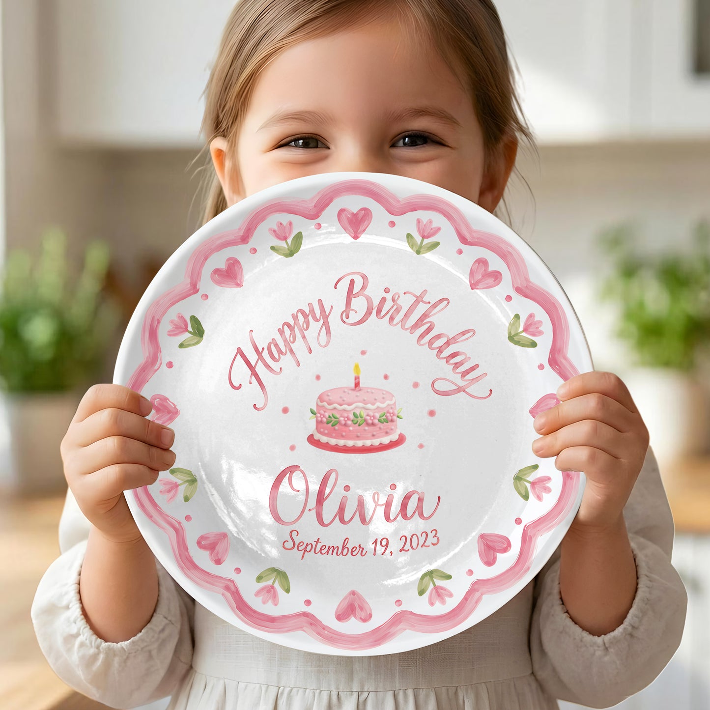 Pink Scallop Heart Border with Floral Birthday Cake Personalized Birthday Plate P415VCJ0