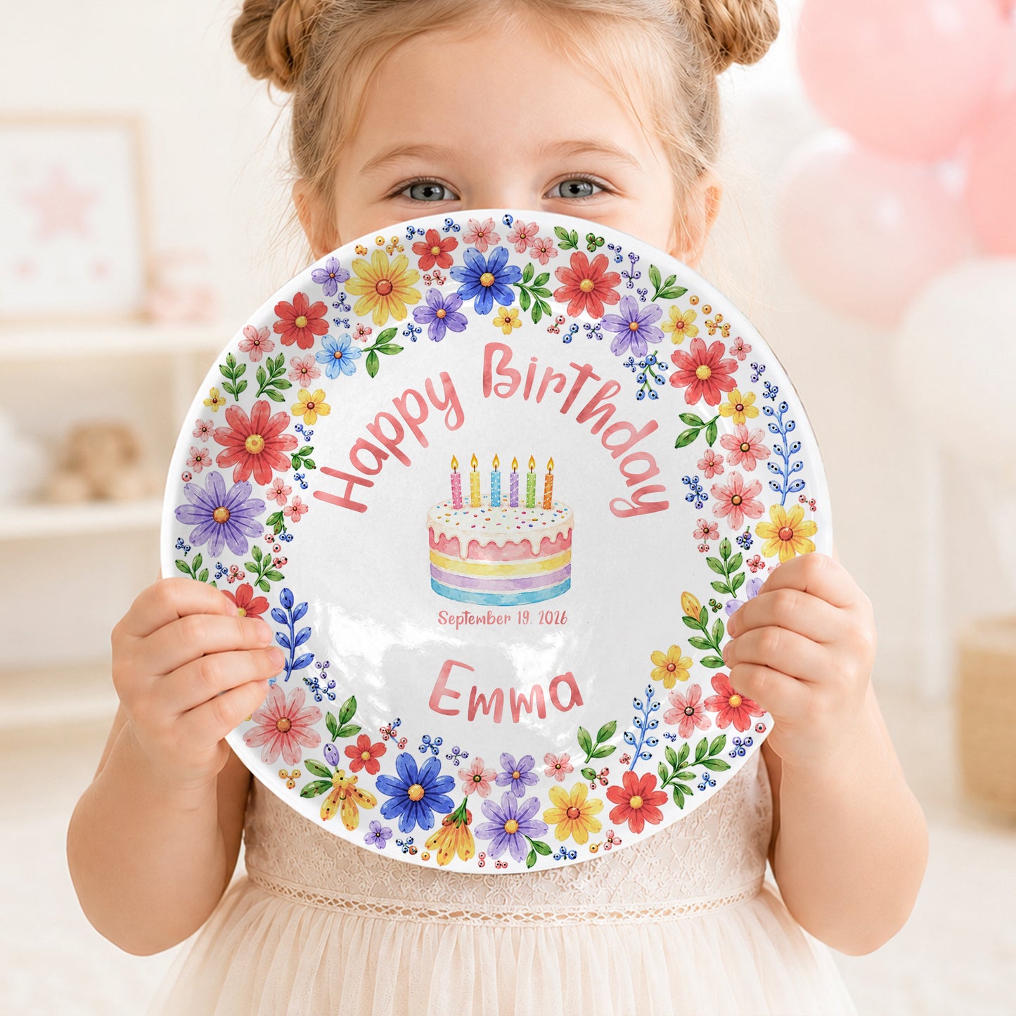 Custom Name Floral Birthday Cake Personalized Birthday Plate for Kids P619KWJ0