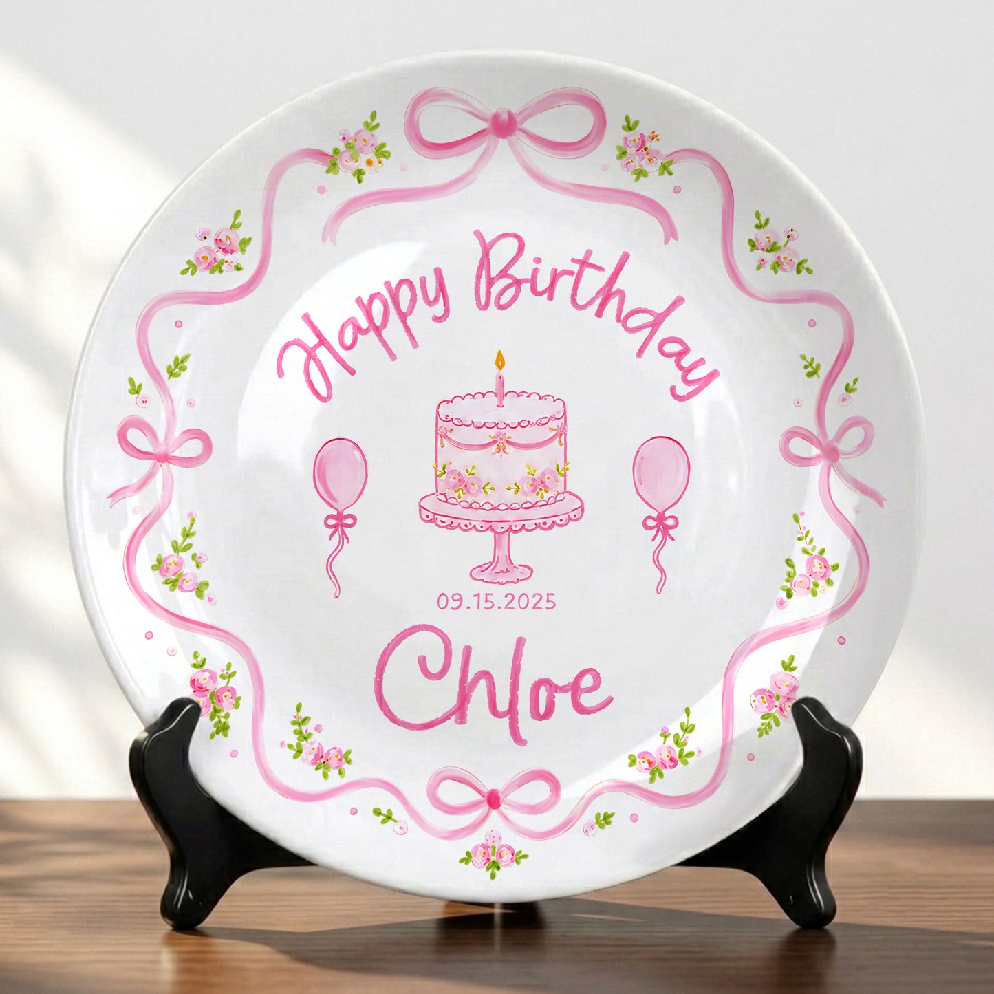 Pink Floral Bow Birthday Cake Custom Name Keepsake Personalized Birthday Plate Gift P813NCL0