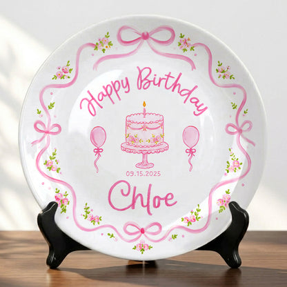 Pink Floral Bow Birthday Cake Custom Name Keepsake Personalized Birthday Plate Gift P813NCL0