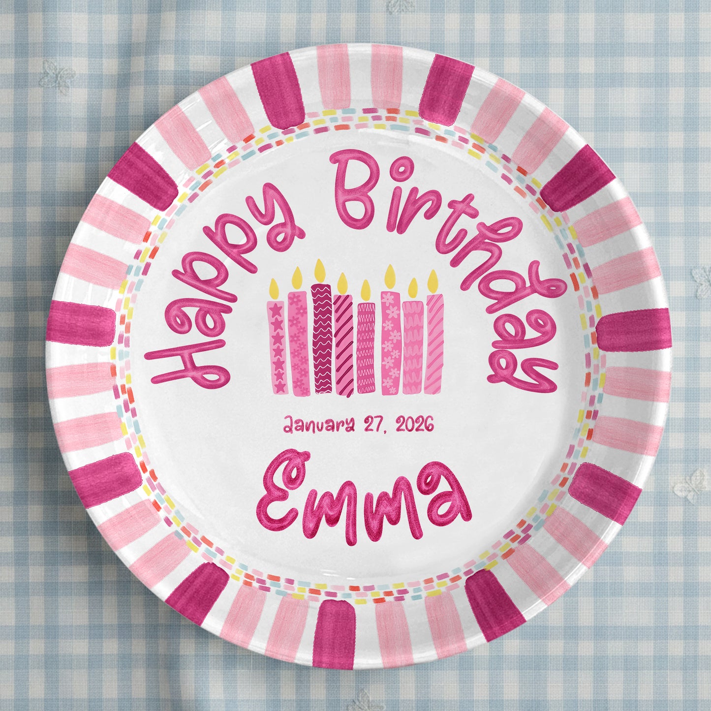Pink Stripe Candle Personalized Birthday Plate P29F6C0