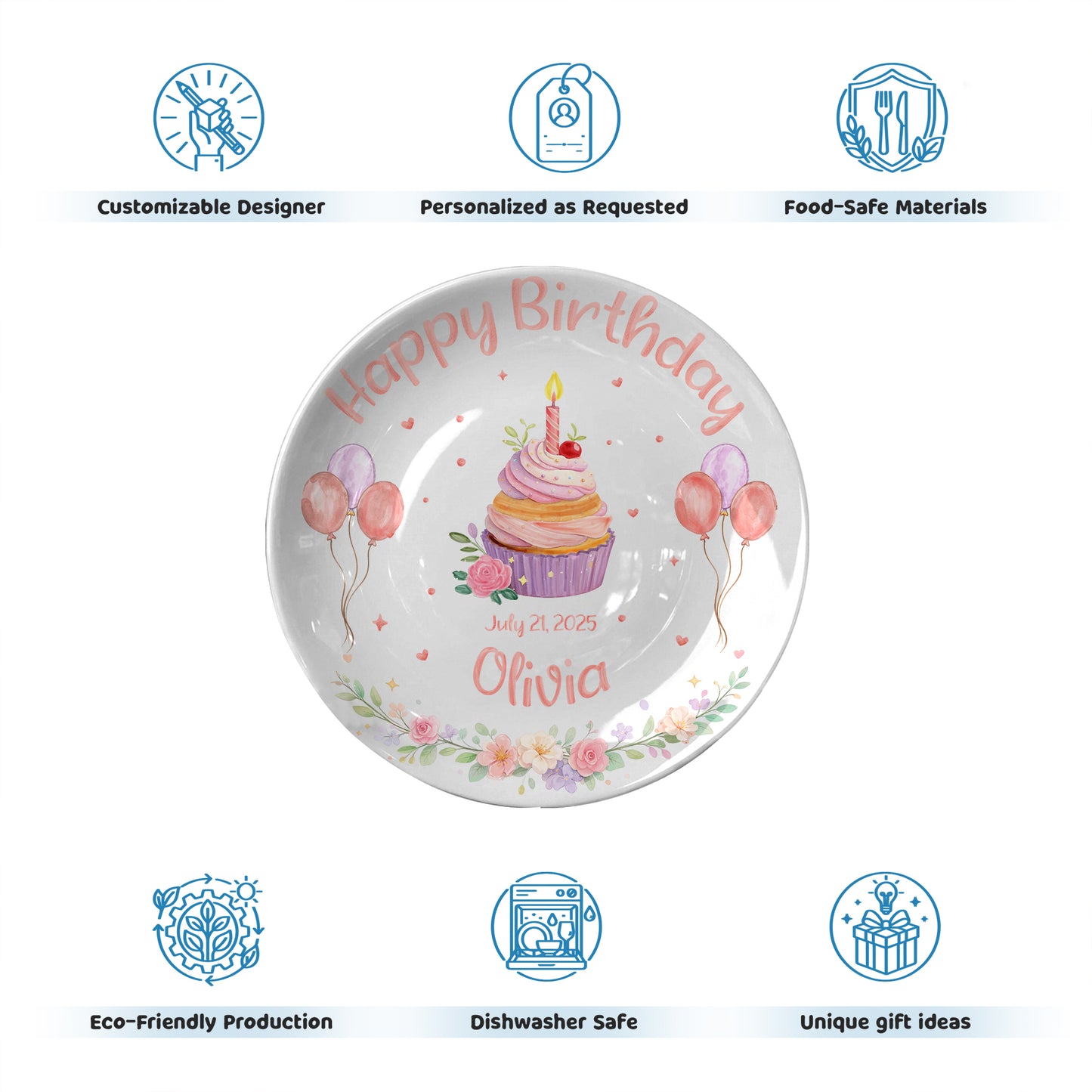Cupcake with Balloons and Floral Personalized Birthday Plate D319DJS0