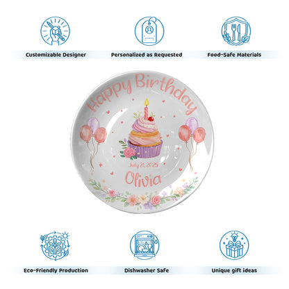 Cupcake with Balloons and Floral Personalized Birthday Plate D319DJS0