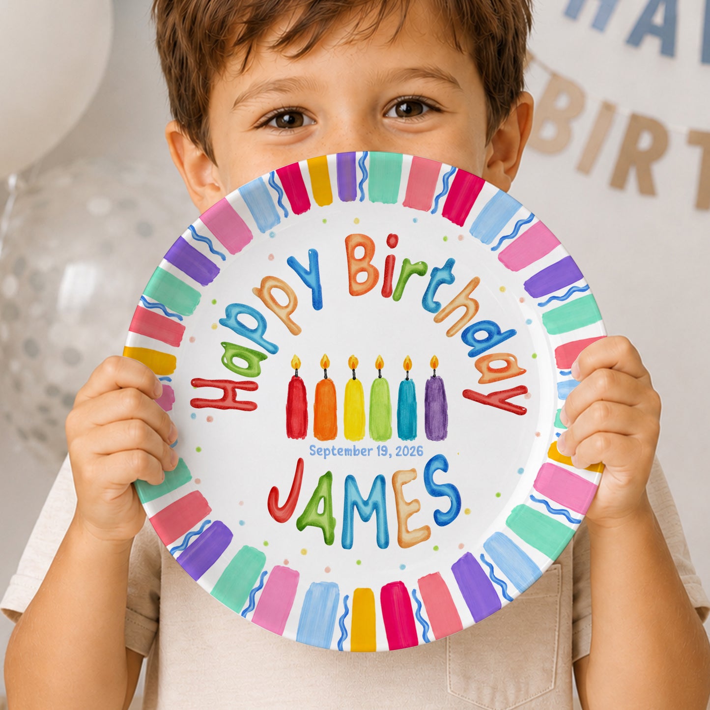 Rainbow Stripe Colorful Candle Personalized Birthday Plate D6103AG0