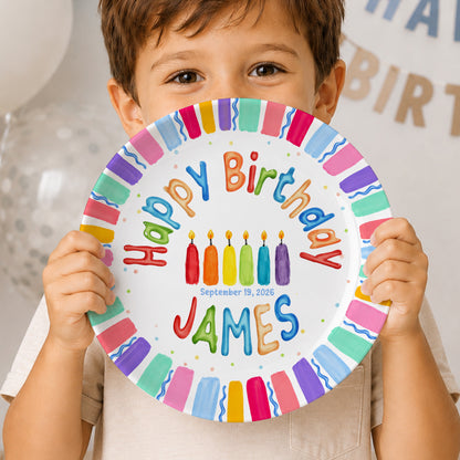 Rainbow Stripe Colorful Candle Personalized Birthday Plate D6103AG0