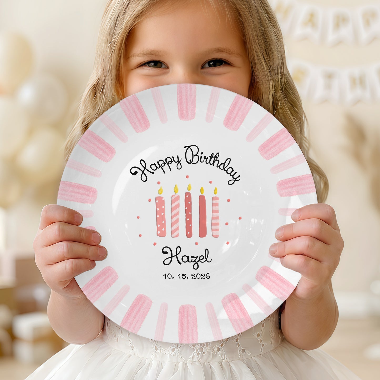 Pink Stripe Personalized Birthday Plate P46DI00