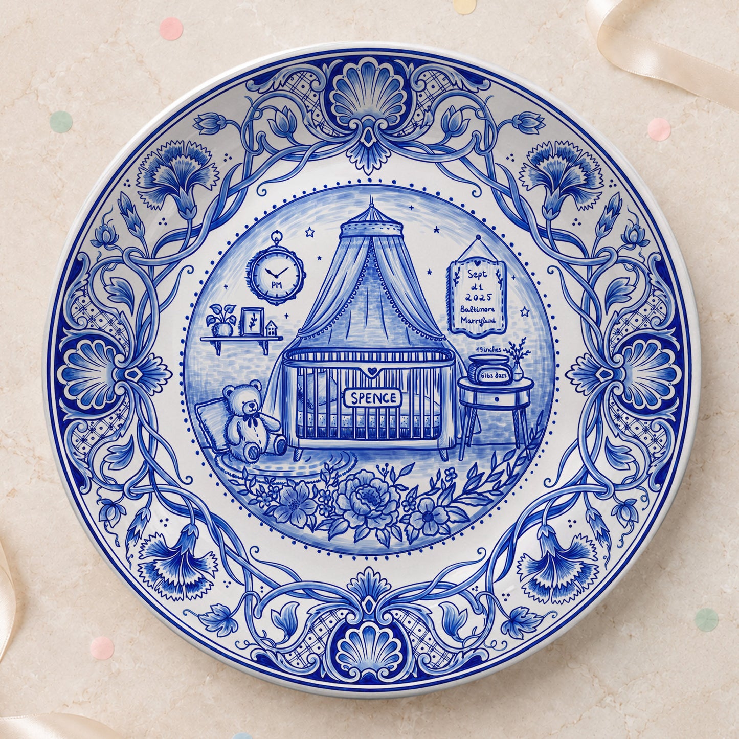 Delft Blue Newborn Birth Stats Custom Name Ceramic Personalized Birthday Plate P820OVX0