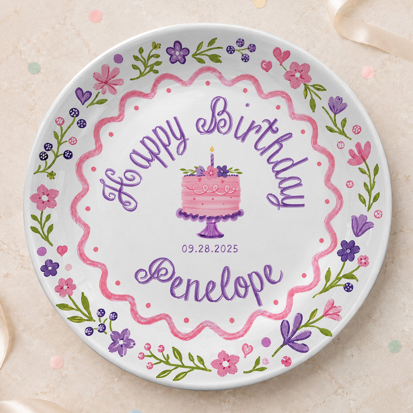 Floral Cake First Birthday Custom Name Keepsake Personalized Birthday Plate P826KAY0
