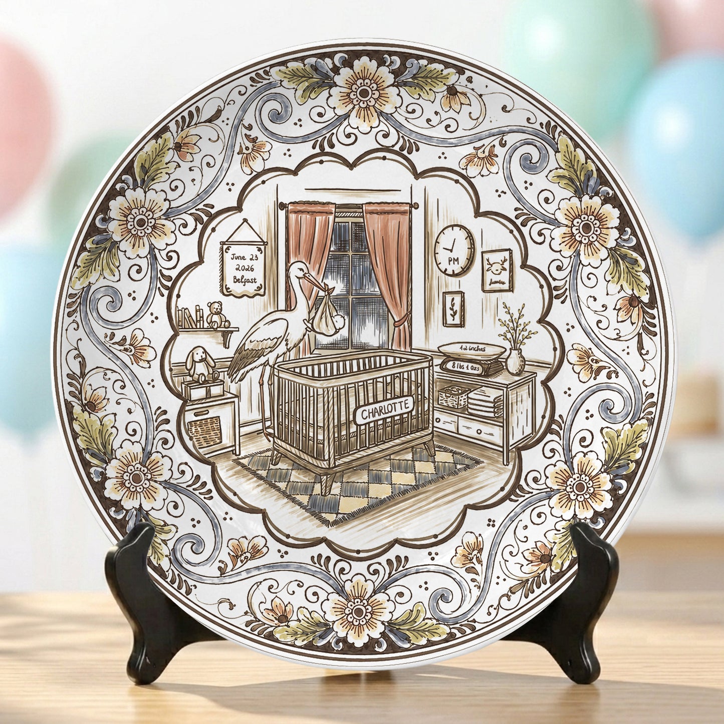 Vintage Floral Newborn Birth Stats Custom Name Ceramic Personalized Birthday Plate P820YFH0