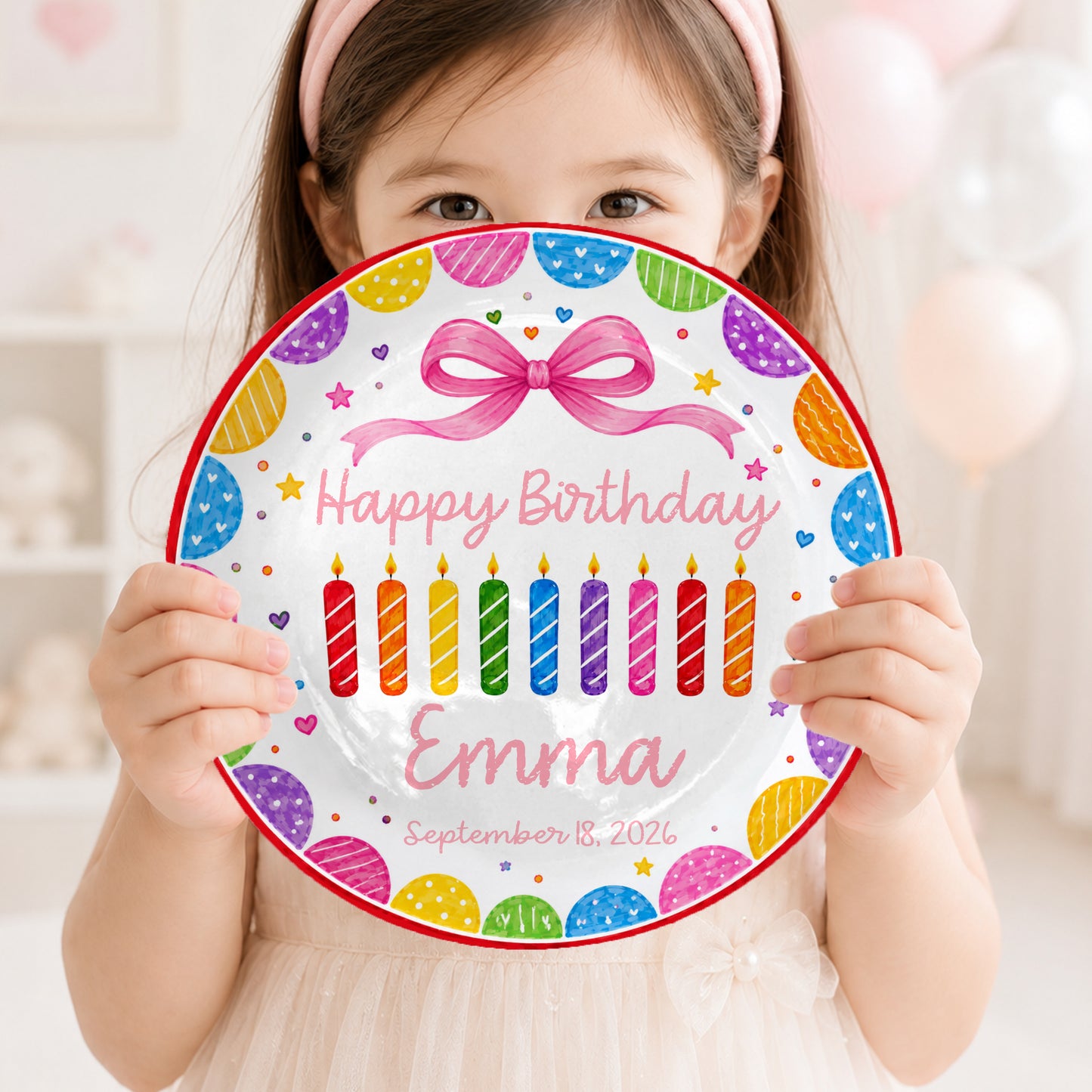 Happy Birthday Rainbow Candles Keepsake Personalized Birthday Plate for Kids P619T3J0