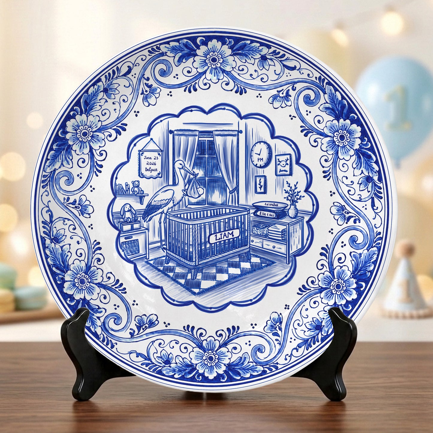 Delft Blue Newborn Birth Stats Custom Ceramic Keepsake Personalized Birthday Plate P820H8A0
