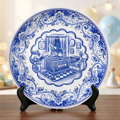 Delft Blue Newborn Birth Stats Custom Ceramic Keepsake Personalized Birthday Plate P820H8A0