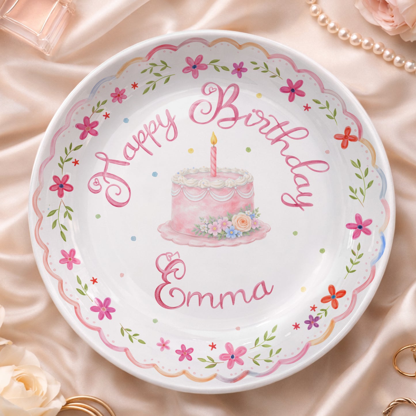 Pink Floral Scallop Personalized Birthday Plate P226GZM0