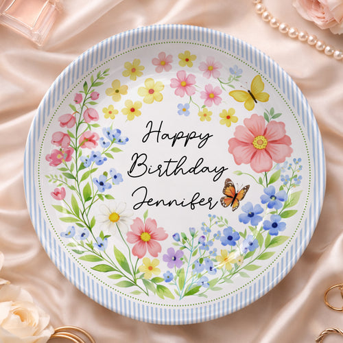 Blue Stripe Wildflower Personalized Birthday Plate P226BYE0
