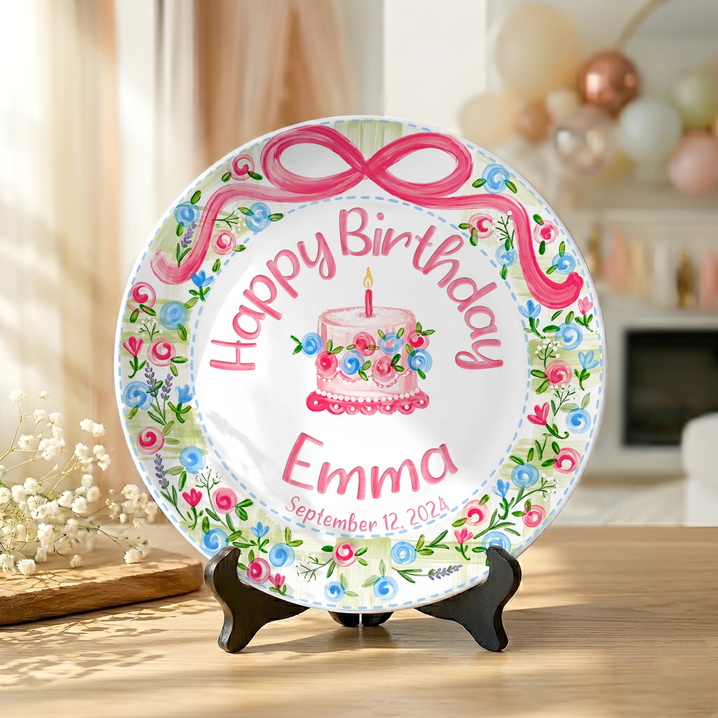 Floral Wreath with Pink Bow Personalized Birthday Plate P410DXJ0