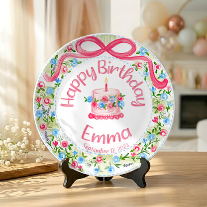Floral Wreath with Pink Bow Personalized Birthday Plate P410DXJ0
