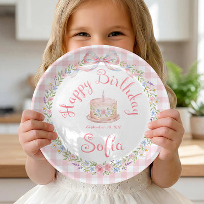 Pink Gingham Bow and Floral Wreath Cake Personalized Birthday Plate P415RRC0
