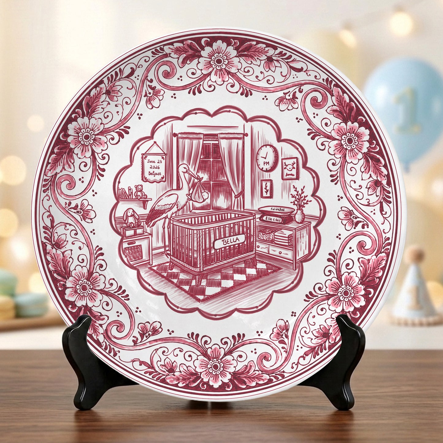 Pink Delft Newborn Birth Announcement Custom Ceramic Personalized Birthday Plate P820NIX0