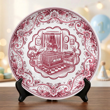 Pink Delft Newborn Birth Announcement Custom Ceramic Personalized Birthday Plate P820NIX0
