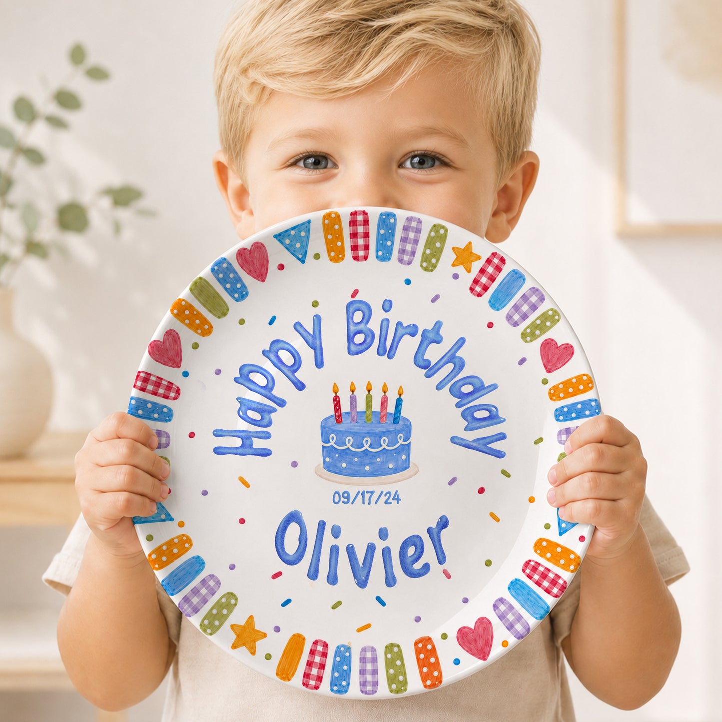 Blue Cake and Colorful Confetti Personalized Birthday Plate P6174GK0