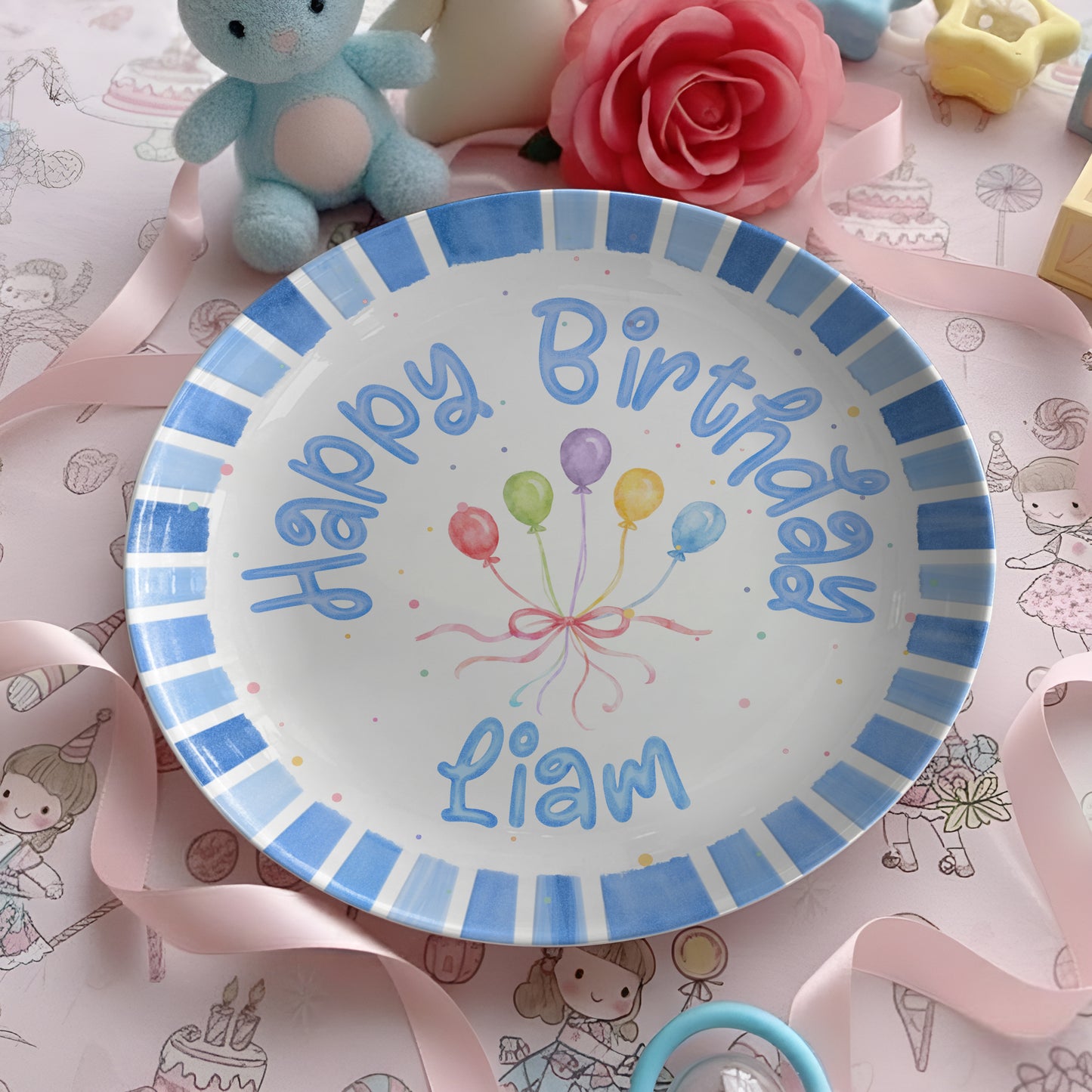 Blue Striped Balloon Personalized Birthday Plate P225XBR0