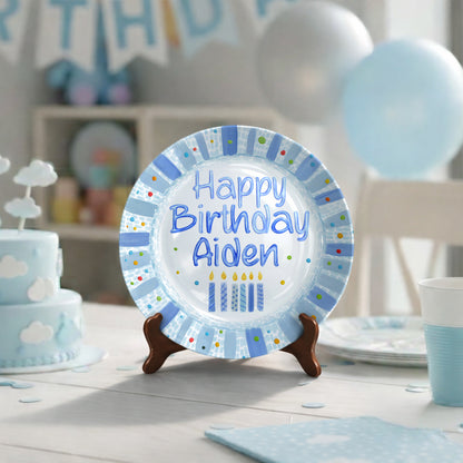Blue Candles and Confetti Border Personalized Birthday Plate P274NR0