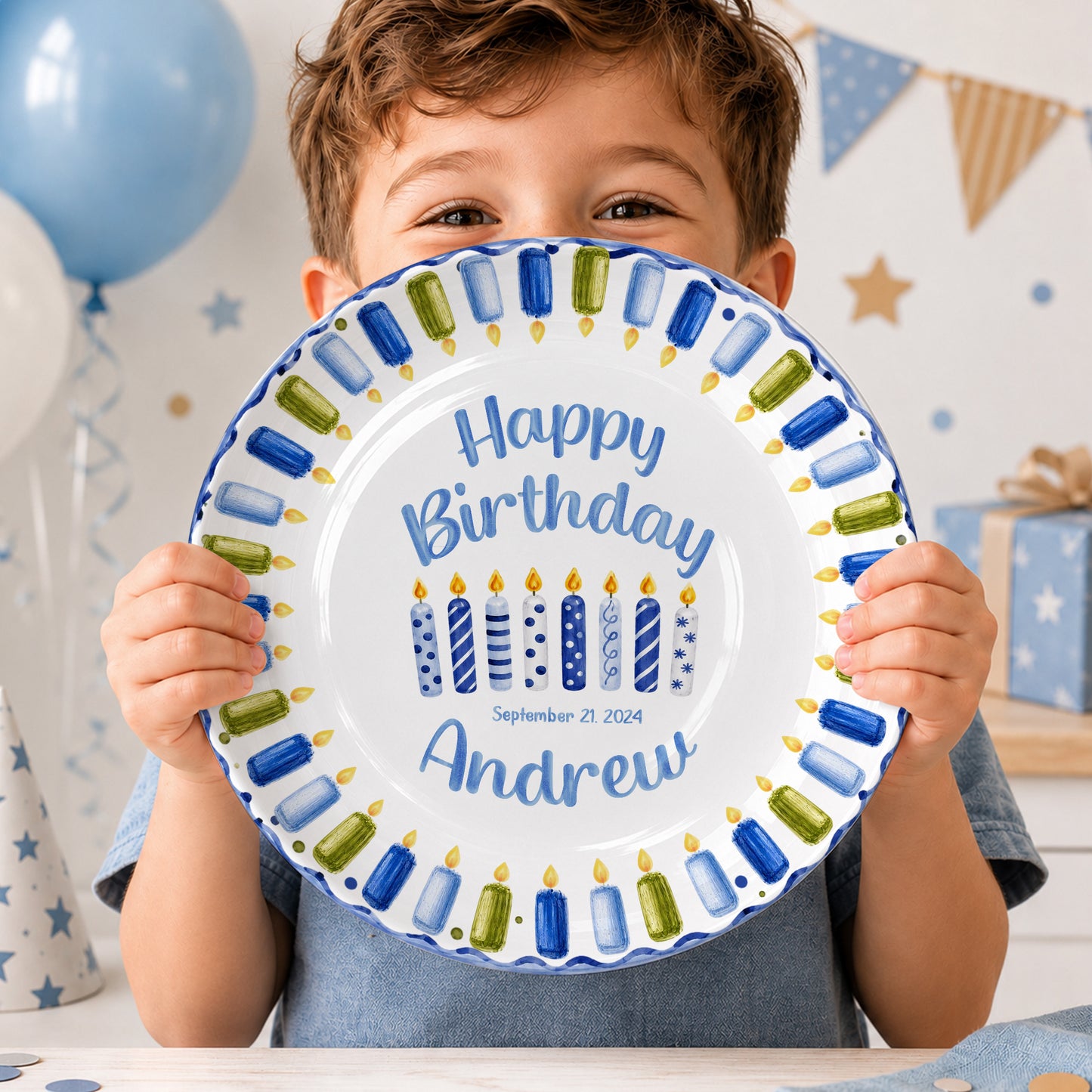 Blue Green Candle Border Personalized Birthday Plate P528HJP0