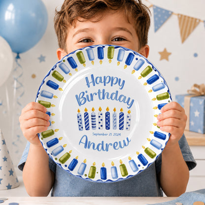 Blue Green Candle Border Personalized Birthday Plate P528HJP0