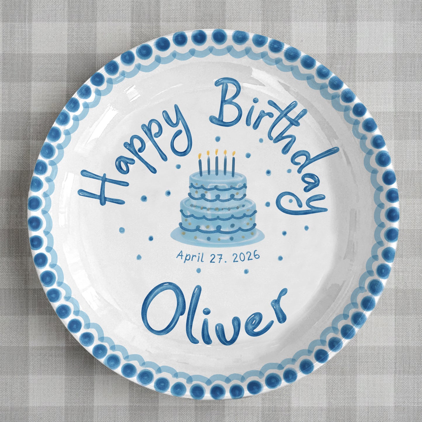Blue Dotted Border and Cake Personalized Birthday Plate P32WRE0