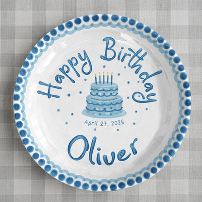 Blue Dotted Border and Cake Personalized Birthday Plate P32WRE0