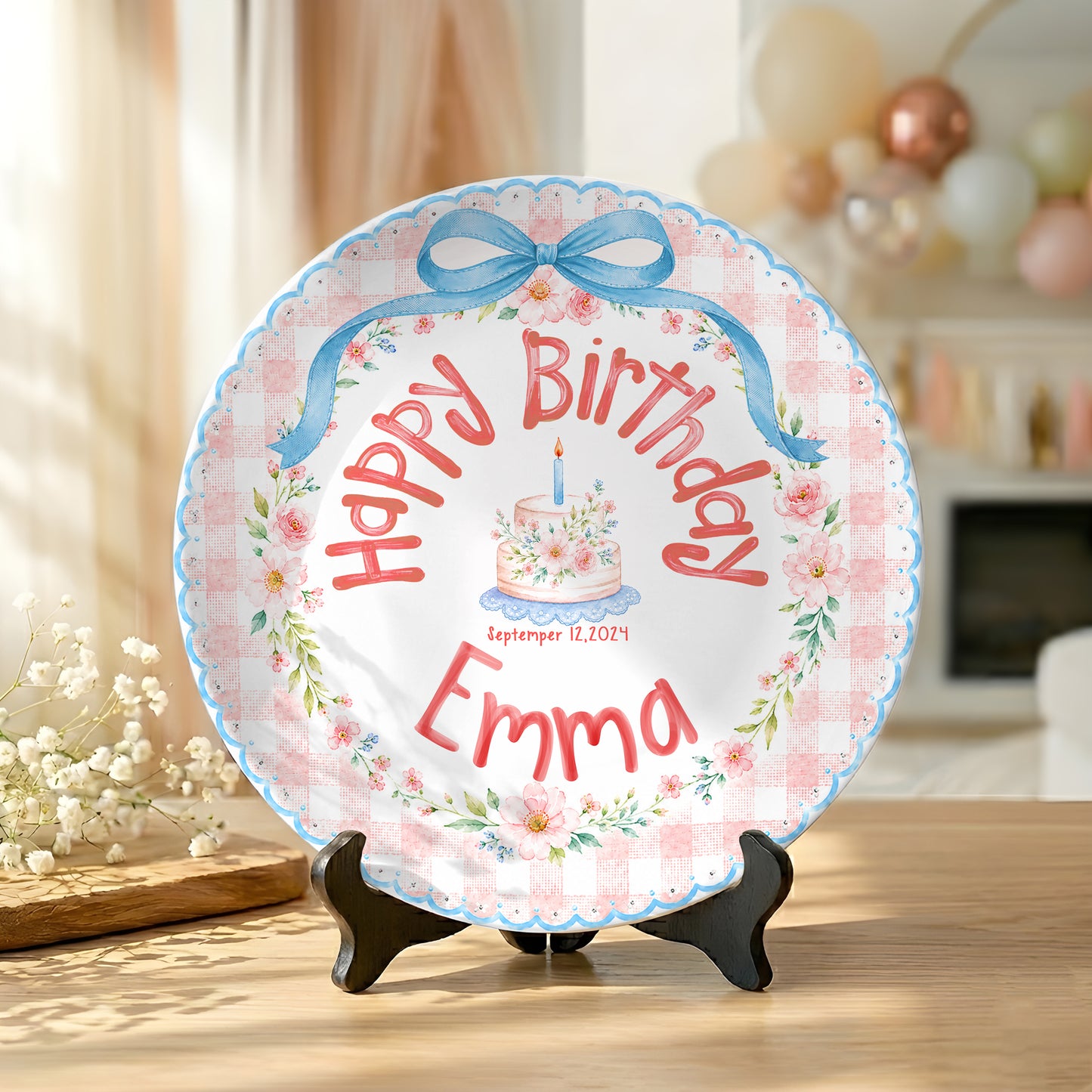 Blue Bow Gingham Floral Personalized Birthday Plate P561Y10