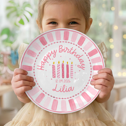 Pink Striped Border with Pink Birthday Candles Personalized Birthday Plate P481HC0